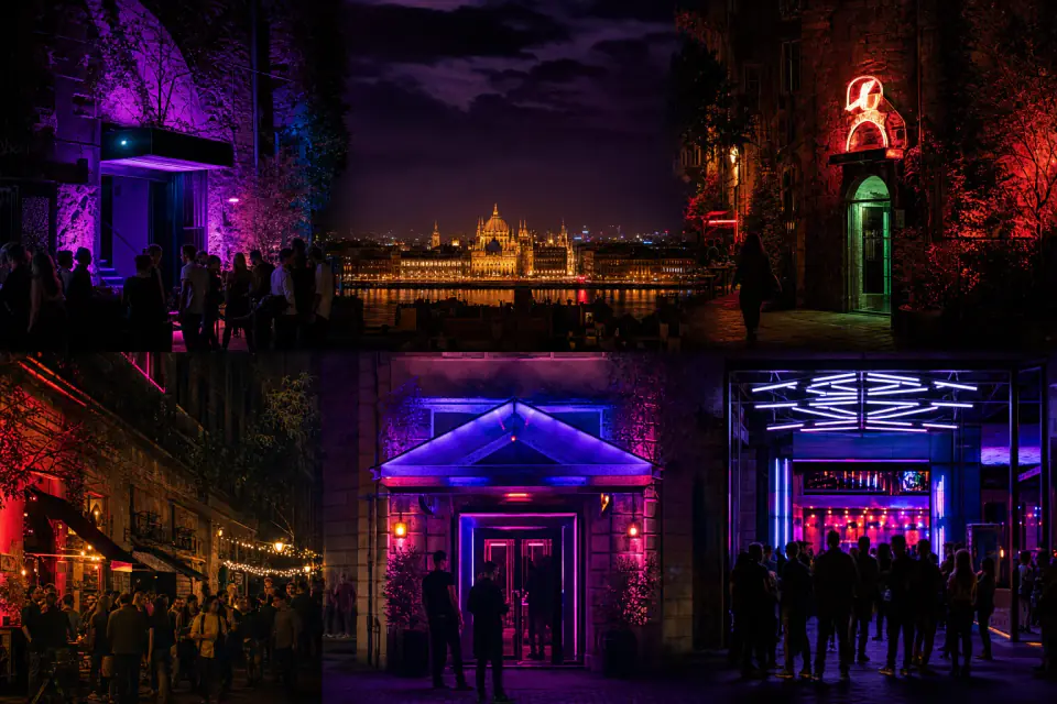 Budapest klubok éjszakai neon fényekben