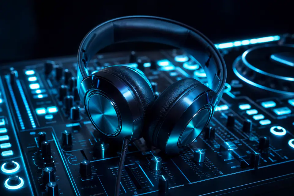 DJ keverőpult és fejhallgató stúdióban
