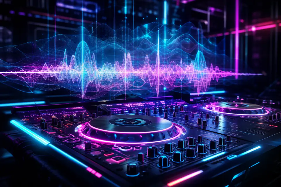 DJ pult neon fényekkel — az elektronikus zene jövője