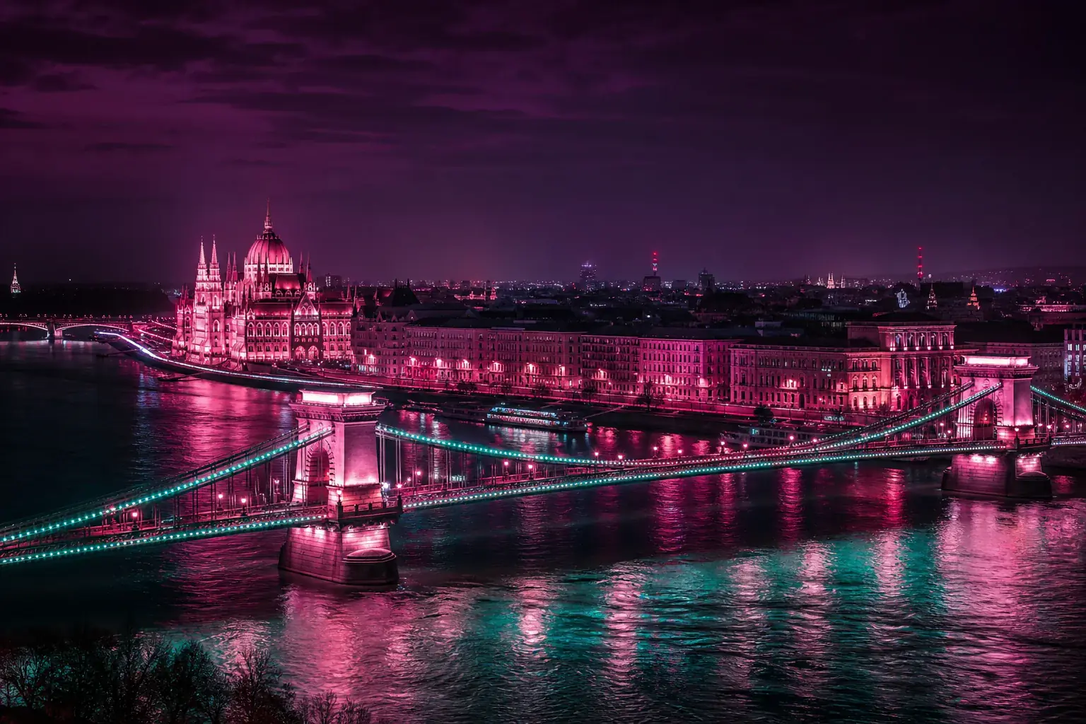 Budapest éjszakai panoráma — Széchenyi híd és a Duna neon fényekben