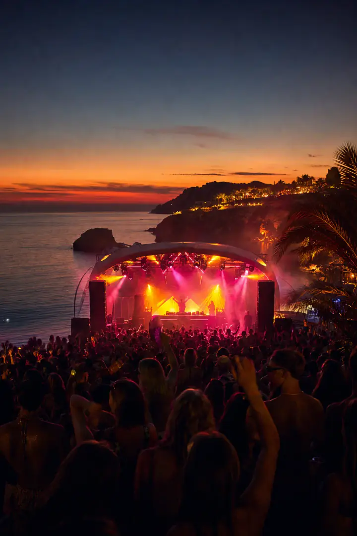 Ibiza tengerparti rave party naplementekor